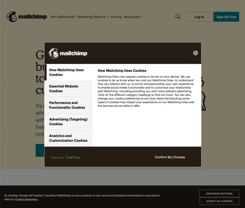 screenshot of cookie compliance banner on a website