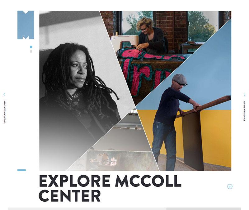 screenshot of McColl Center website, with menu choices around main image