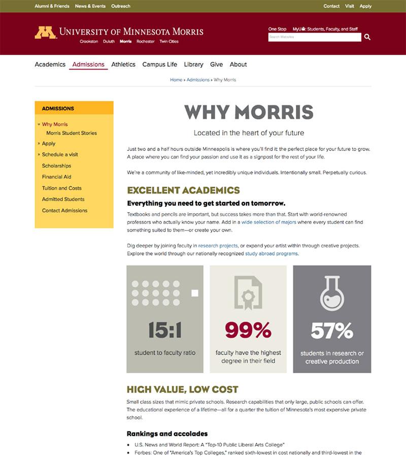 screengrab of a webpage on Morris site, why to attend Morris