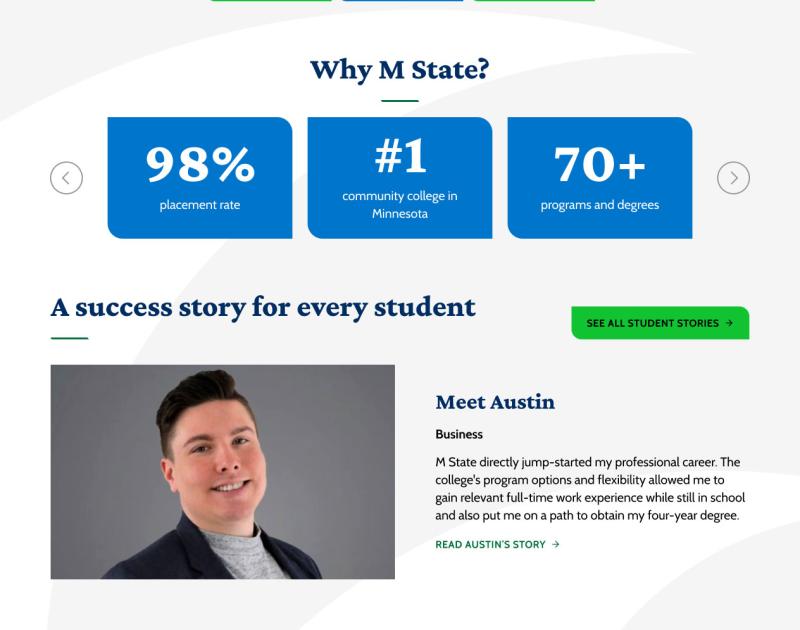 screenshot of Mstate homepage with stats and stories