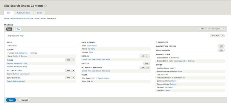 Screenshot of custom search view page
