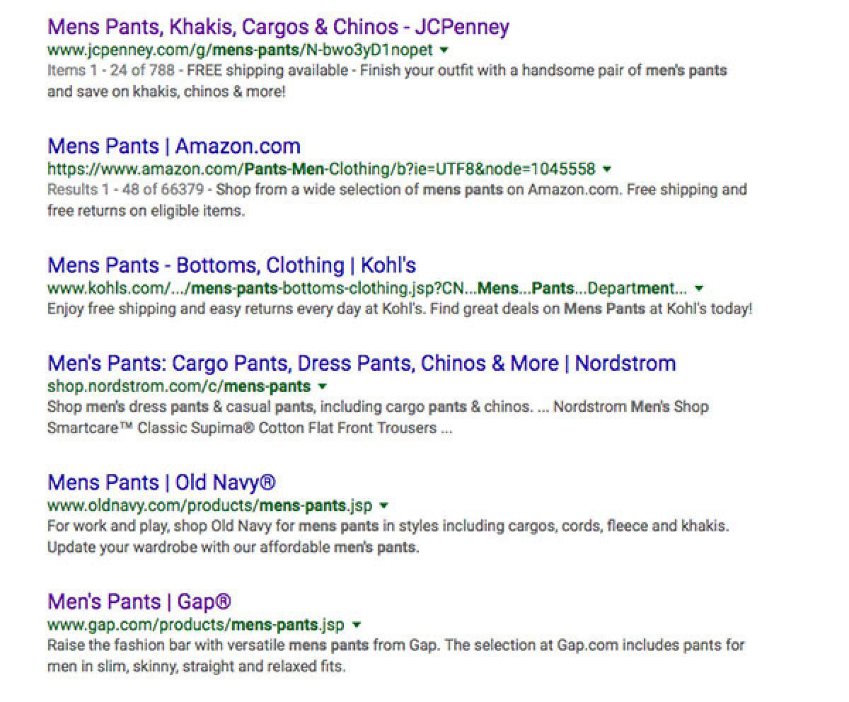 screengrab of search results for men's pants