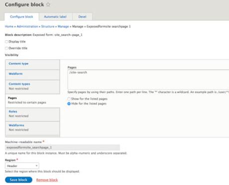 Screenshot of exposed views filter block restriction config