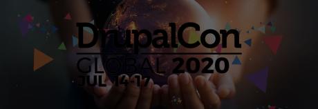 DrupalCon Global banner of a world globe held by two hands