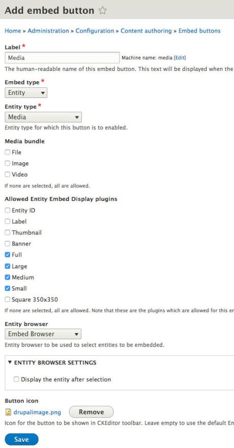 Embed button settings screen for media entity embedding
