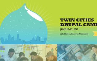 Screengrab of Twin Cities Drupal website, with snowglobe logo in blue and green background