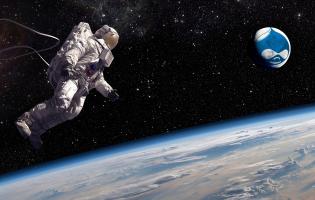 astronaut in full suite doing a spacewalk with a Drupal planet nearby