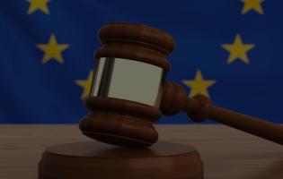 wooden gavel on a desk with the EU flag in the background