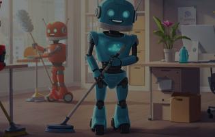 group of colorful robots doing chores in an office space