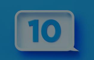the number 10 written in blue over a white speech bubble