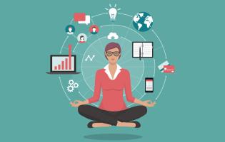 illustration of a woman in meditative pose with project management icons (computer, charts, ideas)