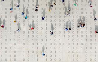 small people moving across a background of computer binary numbers