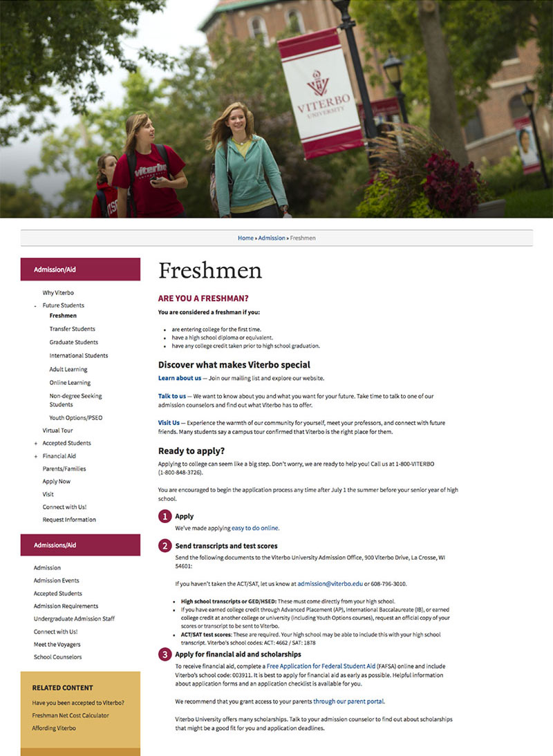 screenshot of page for incoming freshmen