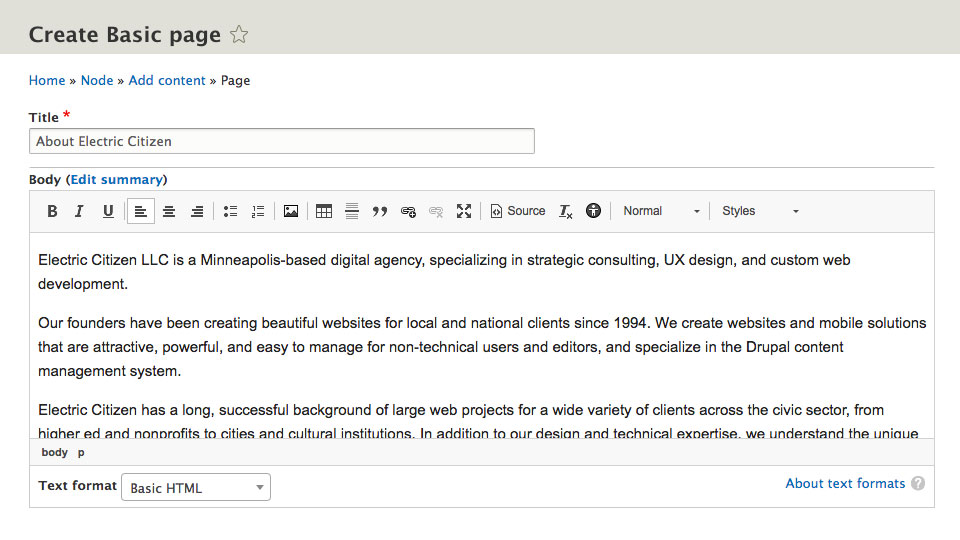 Screenshot of Drupal 8 WYSIWYG editor